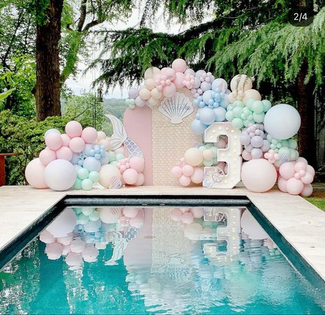 Mermaid Birthday Party Pastel Colors, Mermaid Birthday Party Pool, Diy Seashell Backdrop, Mermaid Balloon Backdrop, Neutral Mermaid Party, Rainbow Mermaid Birthday Party, Mermaid Pool Party, Mermaid Theme Party Decorations, Ocean Birthday Party Decorations