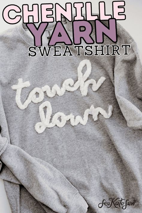 Game Day Yarn Sweatshirt DIY Diy Yarn Embroidery, How To Hand Embroidery Sweatshirt, Punch Needle Sweatshirt Diy, Pennant Sweatshirt Diy, Hobby Lobby Sweatshirt Diy, Distressed Crewneck Sweatshirt Diy, Fuzzy Letter Sweatshirt, Chenille Sweatshirt Diy, Chunky Yarn Embroidery