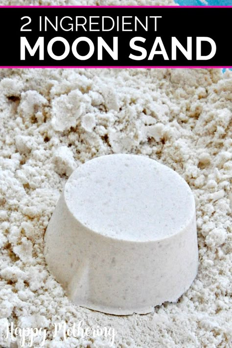 Are you looking for an easy sensory activity to keep your kids busy? This DIY moon sand uses only 2 ingredients for hours of fun for preschoolers, toddlers and school age kids! #moonsand #kidsactivities #toddleractivities #preschoolactivities #sensoryplay #naturalparenting Comet Craft Preschool, Non Messy Crafts For Kids, Easy Kids Activities, Sun And Moon Activities, Science Kids Activities, Moon Activities For Kids, Fun Activities To Do With Kids, Summer Kid Activities, Fun Kid Activities