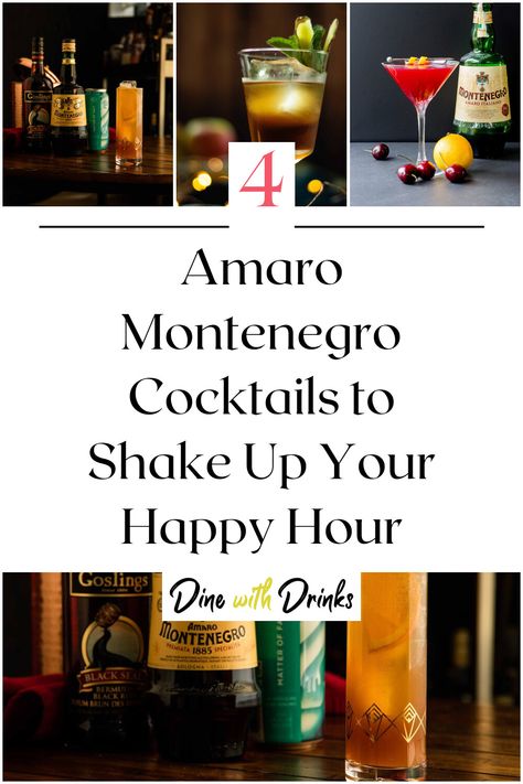 Collage of 4 amaro montenegro cocktails. Amaro Montenegro Cocktail, Montenegro Cocktail, Amaro Cocktails, Enjoy With Friends, Yummy Alcoholic Drinks, Fall Cocktails, Cocktail Ingredients, Fruit Cocktails, Mixology