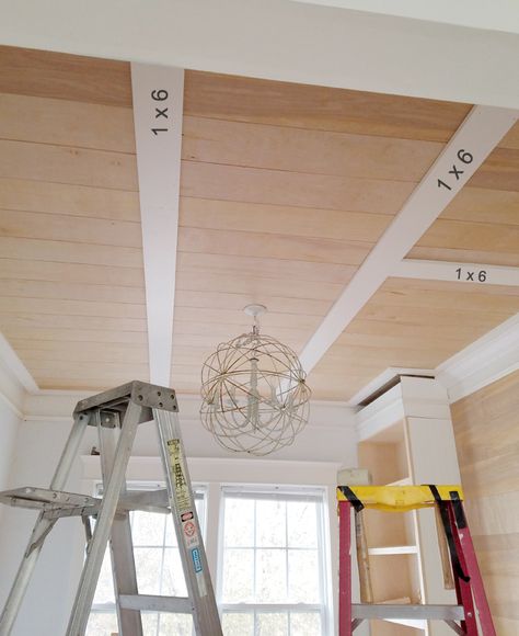 Flat Coffered Ceiling, Rustic Coffered Ceiling, Diy Coffered Ceiling, Ceiling Remodel, Wood Plank Ceiling, Bloxburg Basement, Shiplap Ceiling, Plank Ceiling, Bar Basement