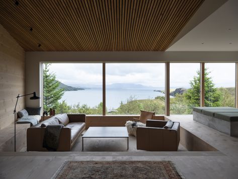 Gallery of Holiday Home in Þingvallavatn / Krads - 17 Conversation Pit, Wooden Window Frames, Timber Ceiling, Shore House, Timber Beams, Timber Cladding, Loft Design, Architecture Office, Loft Spaces