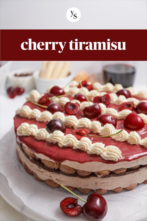 side view of round cherry tiramisu, top has white piped lines of whipped cream and fresh cherries, text band reads 'cherry tiramisu' Cherry Tiramisu, Cherry Curd, Lady Fingers Dessert, Cherry Recipes Dessert, British Bake Off Recipes, Bake Off Recipes, Cherry Desserts, Tiramisu Recipe, Cherry Recipes