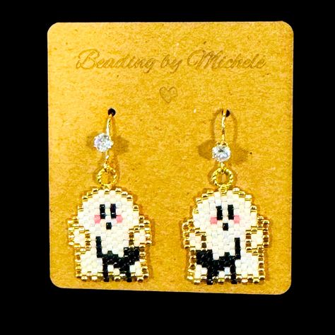 Just In Time For Halloween, Add A Touch Of Whimsy To Your Jewelry Collection With These Handcrafted Earrings Featuring An Adorable Rosy-Cheeked Ghost And Black Cat Design. Carefully Crafted From Miyuki Delica Beads, These Earrings Are Brick Stitched To Create This Playful And Unique Accessory Especially Perfect For Halloween. With A Drop Length Of 1.75 Inches, The Earrings Dangle Beautifully, For An Eye-Catching Addition To Your Outfit. The Earring Wires Are Enhanced With Sparkling Cubic Zirconi Brick Stitch Halloween Earrings, Halloween Beaded Earrings, Halloween Earrings Beaded, Halloween Beaded Jewelry, Beaded Halloween, Black Cat Design, Black Cat Earrings, Earrings Patterns, Holiday Beading