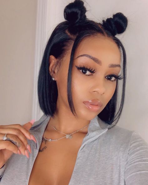 Ninja Bun, Two Buns Hairstyle, Latest Hair Braids, Bun Style, Straight Lace Front Wig, Bob Cut Wigs, Frontal Wig Hairstyles, Black Bob, Hair Silky