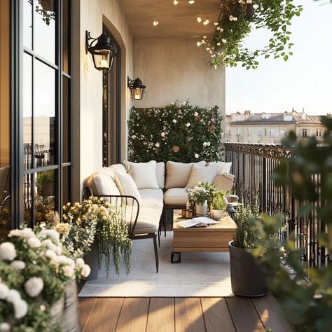 Discover the art of creating a serene retreat in the heart of the city. This Parisian-inspired balcony blends lush greenery with warm lighting for ultimate relaxation. Uncover tips to bring this inviting ambiance to your outdoor space. Click for more garden inspiration! Parisian Balcony, Iron Chairs, Cozy Balcony, Wrought Iron Chairs, French Apartment, Balcony Flowers, Charleston Homes, Outdoor Seating Area, Warm Lighting