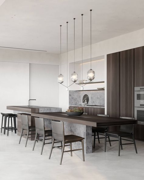 TEN House: Minimalistic private house wi|Visualization Minimalism Architecture, Minimalistic Interior, Kitchen Island Bar, Urban Apartment, Lamps Kitchen, Marble Collection, Short Curtains, Hanging Lamps, Kitchen Dinning