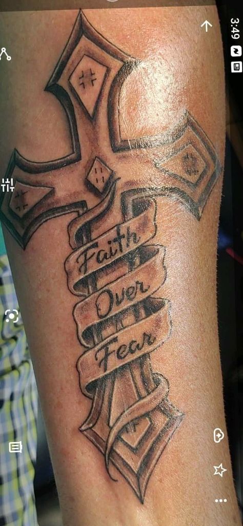 Aramaic Tattoo Scriptures, Faith Over Fear Tattoo Men, Let Your Faith Be Bigger Than Your Fear Tattoo, Christian Arm Tattoos For Women, Forarm Tattoos For Women, Faith Over Fear Tattoo, Christian Tattoos Men, Christian Cross Tattoos, Tattoo Crystal