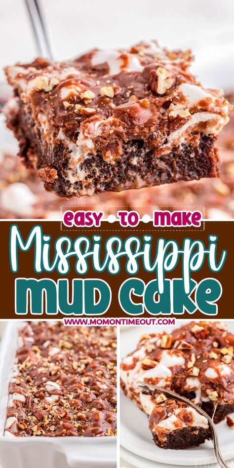 This Mississippi Mud Cake is rich and decadent with layers of moist chocolate cake, gooey marshmallows and a thick, fudgy chocolate pecan frosting. This easy chocolate cake recipe is perfect for special occasions, holidays, potlucks and more! Sure to be a new favorite! | MomOnTimeout.com Mud Cake Recipe, Rocky Road Cake, Road Cake, Mississippi Mud Cake, Mud Cake Recipes, Mississippi Mud, Chocolate Sheet Cake, Cake Chocolat, Decadent Chocolate Cake