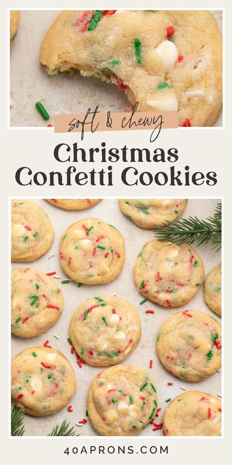 Inspired by the chewy, tender, perfectly delicious confetti cookies at Insomnia Cookies, these Christmas sprinkle cookies are soft, buttery, perfectly sweet, and loaded with festive sprinkles and white chocolate chips! Perfect with a glass of milk or hot cocoa, just imagine how generous Santa would be feeling after finding a plate of these! Confetti White Chocolate Cookies, Christmas Sprinkle Cookies Recipes, Shortbread Sprinkle Cookies, Christmas Confetti Cookies, Christmas Funfetti Cookies, Funfetti Christmas Cookies, Confetti Sugar Cookies, Cookies With Sprinkles Inside, Sprinkle Sugar Cookies Christmas