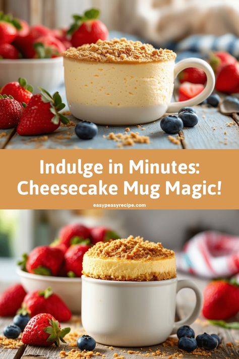 Delicious cheesecake mug cake topped with crumble, surrounded by fresh strawberries and blueberries. Cheesecake In A Mug Microwave, Mug Cakes Microwave Easy, Cheesecake Mug Cake, Microwave Cheesecake, Mug Desserts, Mug Cheesecake, Microwave Cakes, Single Serve Dessert Recipes, Mug Dessert Recipes