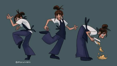 Blue Moon (Billie Character Design) 💙🌙 Billie is a waitress at the late night cafe, a bit clumsy and sometimes very emotional. It’s probably from the lack of sleep. In a world of complicated original characters and designs, I find I gravitate towards simpler designs but I’m not sure if that’s a good thing or not. It was fun regardless. I wanted to do a simpler exaggerated style suited for animation. #characterdesign #characterillustration #visualdevelopment #ocdesign #animation2d #scadsava... Clumsy Pose Reference, Waitress Character Design, Clumsy Pose, Clumsy Character, Character Sitting, Night Cafe, Art Style Reference, Female Design, Character Design Sketches