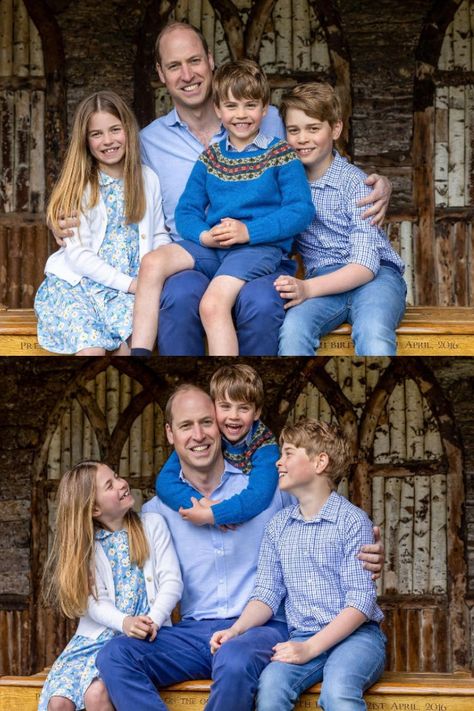 Prince William with his sons George, Charlotte and Louis. Prince William Kids, Royal Family Christmas, Kate Middleton Family, Principe William Y Kate, Prince William Family, Royal Family Portrait, Fathers Day Pictures, Princesse Kate Middleton, Sitting On A Bench