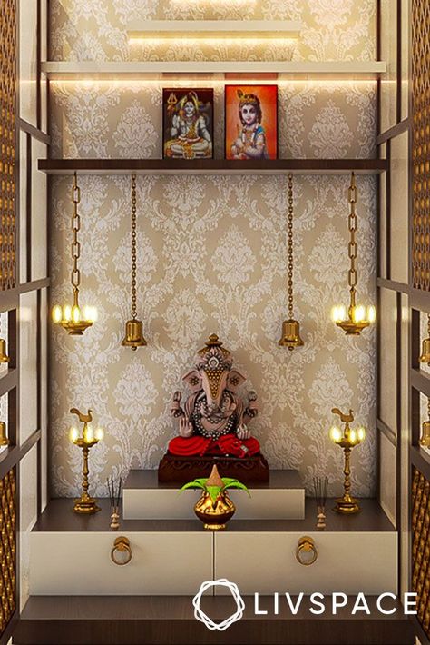 Pooja Room Back Panel Design, Pooja Room Wallpaper Design, Wallpaper For Puja Room, Wallpaper For Temple Wall, Puja Room Back Wall Design, Morden Mandir Ideas, Pooja Room Ideas Usa Home, Pooja Room Back Wall Designs, Wallpaper For Mandir Wall