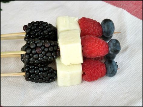 Berry-cheese skewers combine blackberries, raspberries and blueberries threaded with white cheese for a patriotic look. Blackberry Skewers, Cheese Kabobs, Skewer Sticks, Berry Crisp, Classic Potato Salad, Fruit Skewers, White Cheese, Strawberry Blueberry, Cheese Pairings