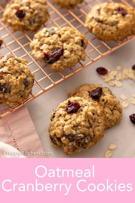 Perfectly chewy and soft on the inside and the right amount of crispy on the outside, you’ll love this Oatmeal Cranberry Cookies recipe. Loaded with sweet but tart pockets of flavor from the cranberries, you won’t be able to stop at just one cookie. Enjoy it as a dessert or as a snack throughout the day. Oatmeal Cranberry Cookies Recipe, Cranberry Cookies Recipes, Oatmeal Cranberry Cookies, Oatmeal Raisin Cookies Chewy, The Cranberries, Preppy Kitchen, Peanut Butter Oatmeal Cookies, Cranberry Cookies, Oat Cookies