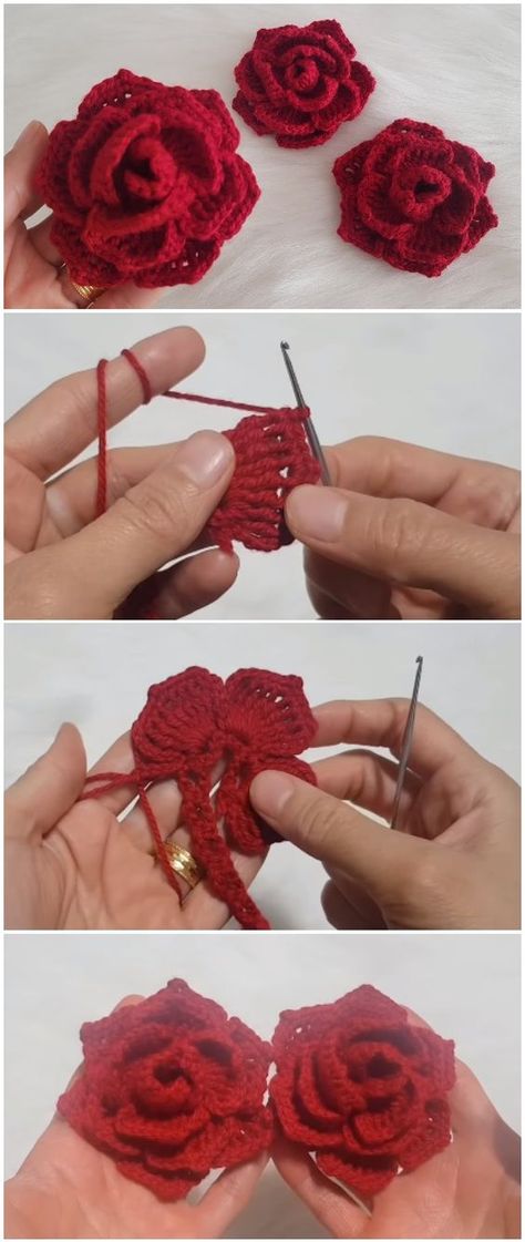 Crochet Easy Beautiful Red Roses - ilove-crochet Easy Crochet Rose, Crochet Rose Pattern, Crochet Flowers Easy, Crochet Flowers Free Pattern, Free Aesthetic, Crochet Easy, Beautiful Red Roses, Crochet Flower Tutorial, Crochet Rose