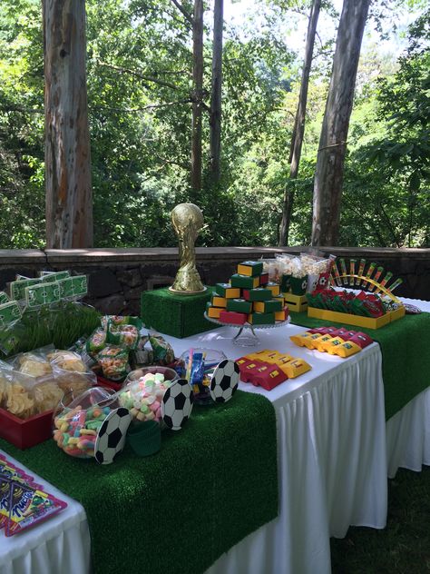 Candy Table... Soccer Party Brasil 2014 Candy Table Ideas, Soccer Banquet, Soccer Theme Parties, Table Soccer, Soccer Birthday Parties, Soccer Theme, Soccer Birthday, Soccer Party, Candy Table