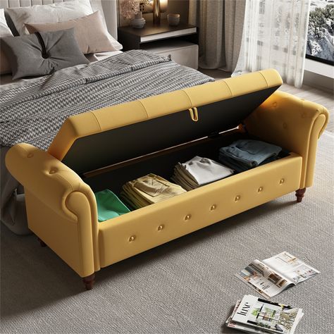 63" Upholstered Storage Bench, Button-Tufted Large Storage Ottoman Bench for Bedroom End of Bed, Rolled Armed Bench Window Sitting with Soild Wood Legs for Bedroom Entryway Living Room, Yellow - Walmart.com Bed Bench Storage, Small Closet Design, Toy Storage Bench, Large Storage Ottoman, Sofa Couch Design, Tufted Storage Bench, Ottoman Chair, Bench Bedroom, Storage Bench Bedroom