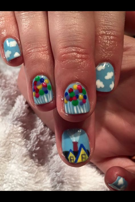 Disney Up Themed Nails, Up Nails Pixar, Pixar Up Nails, Balloon Nails, Pixar Nails, Anniversary Nails, Up The Movie, Disney Pixar Up, Disney Up