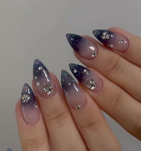 Dark Iridescent Nails, Dark Fantasy Nails, Galaxy Acrylic Nails, Fantasy Nails Designs, Nail Art Dark Blue, Silver And Purple Nails, Night Court Nails, Dark Blue Prom Nails, Sparkly Nail Ideas