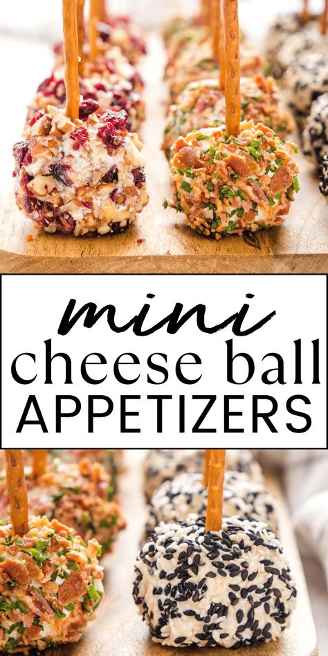 This Mini Cheese Ball Bites recipe is the perfect appetizer for cheese lovers! One basic cheese ball recipe made 3 ways: Cranberry & Pecan, Bacon & Ranch, and Honey Sesame. An easy make-ahead appetizer or snack recipe! Recipe from thebusybaker.ca! #cheeseball #cheeseballrecipe #appetizer #appetizerrecipe #holidayrecipe #holidaycheeseball #minicheeseballbites #minicheeseballs #cheeseappetizer #holidaypartyrecipe #snackrecipe via @busybakerblog Cheese Ball Recipes Turkey, Cheese Ball Bites Recipes, Appetizer Cheese Ball, Simple Cheese Ball Recipes, Mini Cheese Ball Recipes, Christmas Cheeseball Recipes, Ball Food Ideas, Cheesy Balls, Mini Cheese Ball Bites