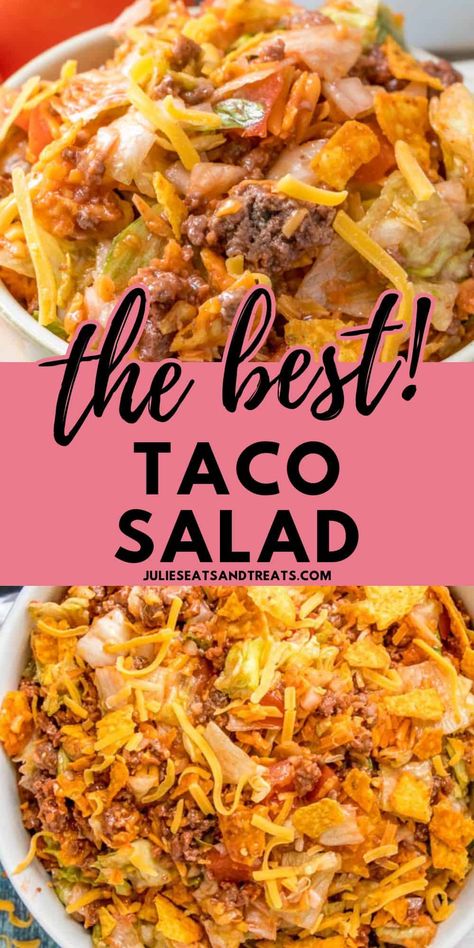 Make this easy Dorito Taco Salad for your next potluck, backyard party or for dinner. Loaded with flavor from the ground beef, lettuce, cheese, onions, tomatoes and Nacho Cheese Doritos and then covered with Catalina dressing. It's an easy summer salad everyone will love! Side Dishes For Nachos, Cinco De Mayo Potluck Food, Easy Dorito Taco Salad, Taco Salad Recipe Dorito, Dorito Taco Salad With Catalina Dressing, Summer Ground Beef Recipes Easy Dinners, Cinco De Mayo Potluck, Taco Salad With Doritos, Doritos Salad