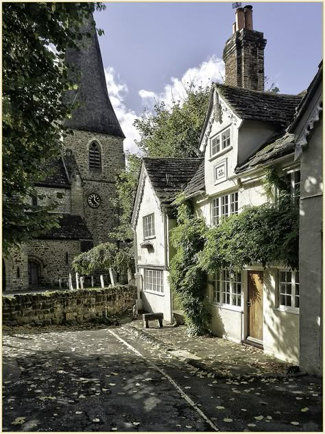 Old cottage in Horsham  At the end of the Causeway In Horsham is this beautiful old cottage with St. Marys Church just beyond. Kentish Town, European Village, Old Village, English Cottages, Medieval Village, English Village, Old Cottage, England And Scotland, Village Life