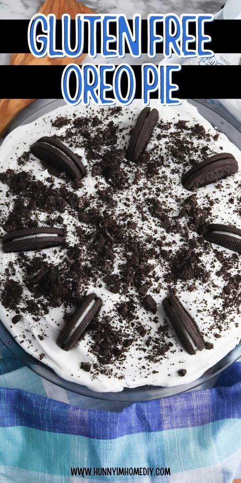 You only need 4 ingredients to make this easy gluten free dessert for a party! Grab some GF Oreos to whip up this no bake treat to serve at your next party or holiday dinner. It's perfect for a birthday celebration because it's made with a homemade crust and whipped cream filling. Gluten Free Dairy Free Dirt Cake, Gluten Free Oreo Pie Crust, Gluten Free Dirt Cake, Gluten Free Oreo Pie, Gluten Free No Bake Pie, Gluten Free Oreo Dessert, Gluten Free Oreo Cake, Gluten Free No Bake Desserts, Easy Pie Desserts