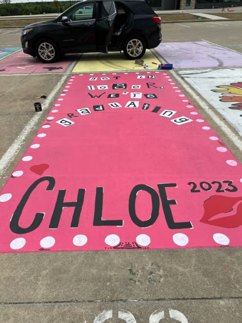 Barbie Painted Parking Spot, Barbie Parking Spot Painting, Senior Painted Parking Spaces Ideas, Barbie Senior Parking Spot, Senior Parking Space Ideas Pink, Senior Parking Lot Ideas, Paint Your Parking Spot Ideas, Pink Senior Parking Spots, Senior Parking Spaces Painting