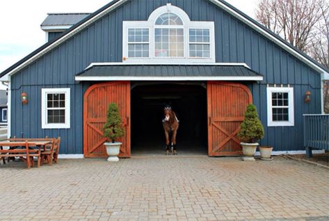 5 Beautiful Blue Horse Barns - STABLE STYLE Barn Colors, Horse Barn Ideas Stables, Riding Arena, Blue Barn, Horse Barn Designs, Dream Stables, Dream Horse Barns, Horse Barn Plans, Barn Living