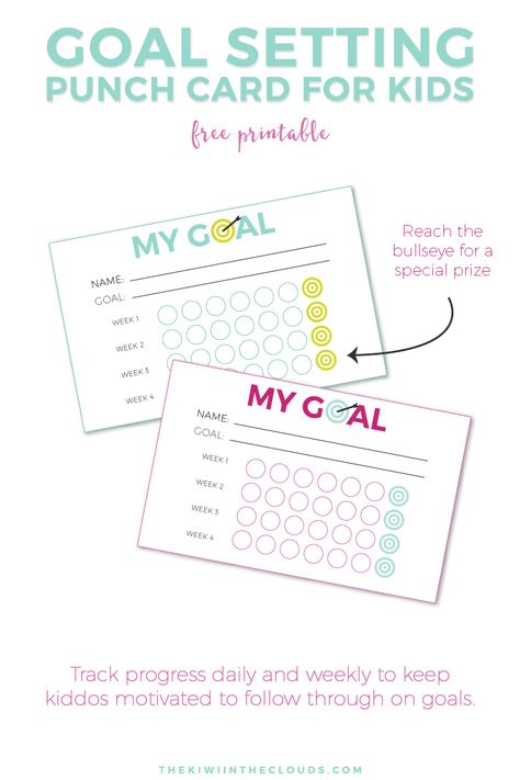 Goal Setting For Kids + FREE Printable Punch Cards Goal Setting For Kids, Behavior Punch Cards, Free Goal Printables, Babysitting Activities, Goal Charts, Kids Goals, Behaviour Chart, Mental Training, Chores For Kids