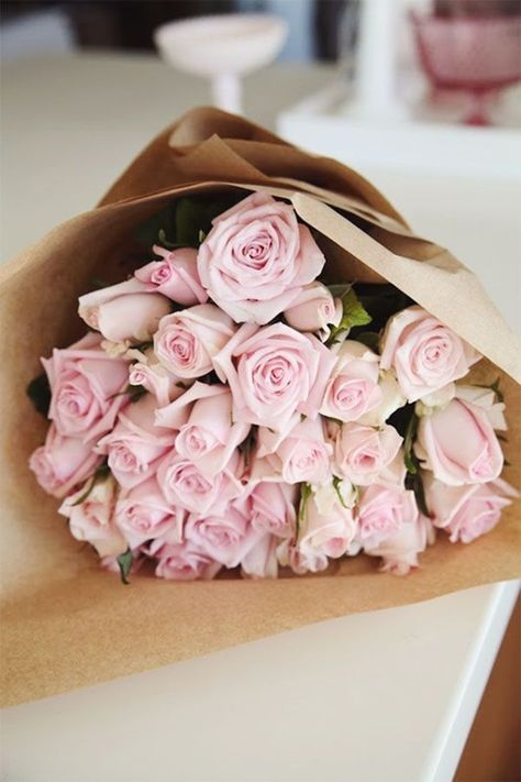 Light Pink Roses Wrapped in Kraft Paper                                                                                                                                                      More                                                                                                                                                                                 More Pastel Decor, Light Pink Rose, Colorful Roses, Flowers Wedding, Brown Paper, Beautiful Blooms, Wedding Florist, Color Rosa, Love Flowers