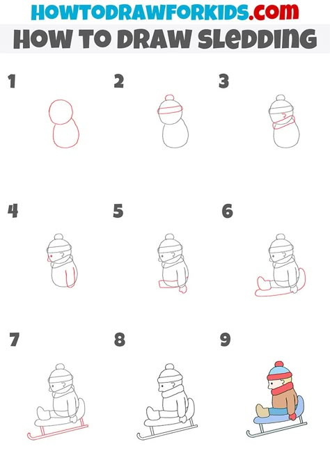 how to draw sledding step by step Sledding Drawing, Sled Drawing, Ski Drawing, Painting Craft Ideas, Easy People Drawings, Christmas Drawing Ideas, Sleds For Kids, Snoopy Drawing, Student Gift Ideas