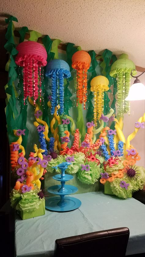 Vbs Ocean Theme, Scuba Vbs, Under The Sea Decorations, Ocean Birthday Party, Ocean Birthday, Spongebob Birthday, Seni Dan Kraf, Sea Birthday Party, Sea Decor