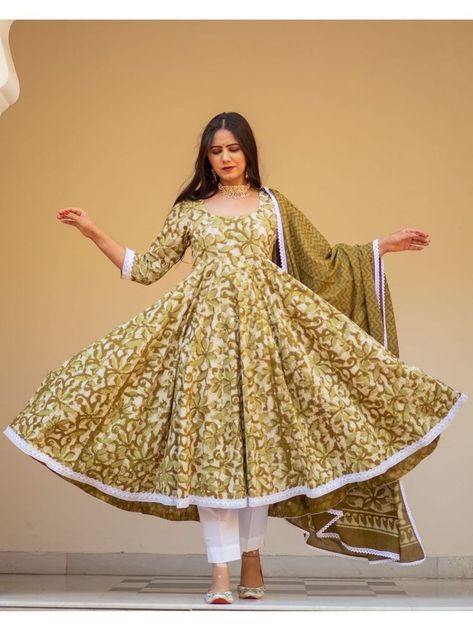 women wearing Cotton Anarkali Set with dupatta Indian Party Wear Dresses, Cotton Anarkali Suits, Dabu Print, Cotton Anarkali, Cotton Frocks, Anarkali Kurti, Indian Party Wear, Anarkali Gown, Printed Cotton Dress