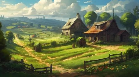 Fantasy Farm Art, Farm Fantasy Art, Fantasy Farmland, Farm Concept Art, House Blackwood, Deer Walking, Fantasy Farm, Wild Sea, Crop Field