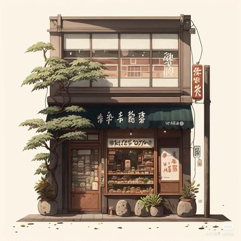 Japan Building Drawing, Town Illustration Buildings, Japanese Shop Drawing, Japanese Building Art, Japanese Building Drawing, Japanese House Drawing, Anime Building, Anime Town, Japanese Buildings