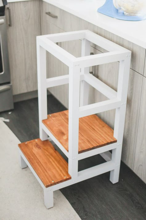 Diy Kitchen Stool For Kids, Kids Kitchen Helper Stool, Diy Helper Tower, Diy Montessori Step Stool, Diy Toddler Stool For Kitchen, Kitchen Helper Stool Diy Plans, Kitchen Helper Tower Diy, Toddler Helper Stool Diy, Montessori Tower Diy