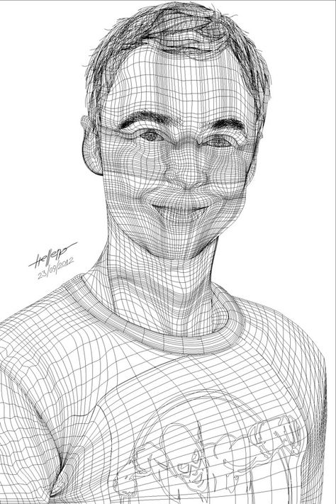 the mesh doesn't look like much when you see the skeleton of the piece but the little details of the face such as the pinches and folds of skin are shown in the mesh itself Mesh Illustration, Cross Contour Line Drawing, Contour Line Drawing, Cross Hatching, Face Contouring, Big Bang Theory, Face Drawing, Teaching Art, Bigbang