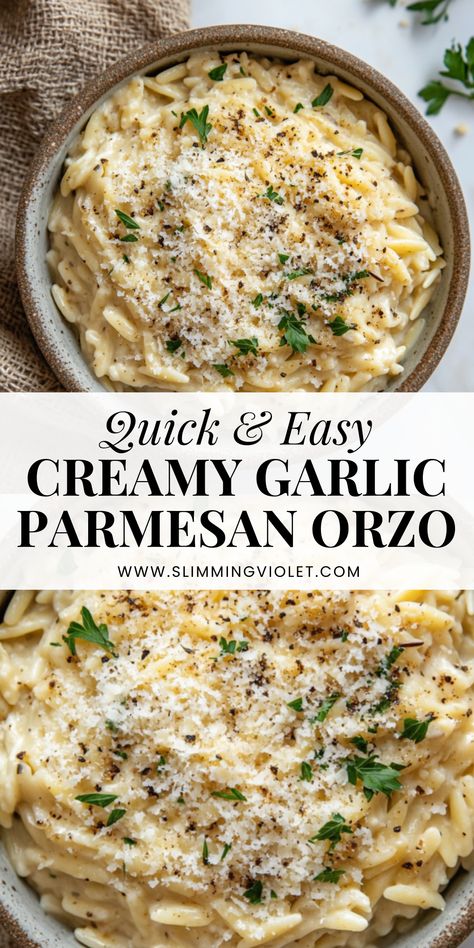 Struggling to find a side dish that pleases everyone? This creamy garlic parmesan orzo recipe is rich, comforting, and so easy to make. Save this pin for when you need a simple creamy orzo side dish. Orzo Dinner Recipes, Creamy Orzo Pasta, Pasta Ground Beef, Orzo Spinach, Spinach Orzo, Orzo Pasta Recipes, Parmesan Orzo, Spinach Parmesan, Creamy Orzo