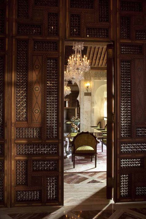 Something enticing and magical about these carved wooden doors. Royal Mansour Hotel in Marrakech Marrakech Restaurant, Moroccan Palace, Design Marocain, Morocco Design, Wooden Room, Moroccan Homes, Moroccan Interiors, Moroccan Design, Moroccan Decor