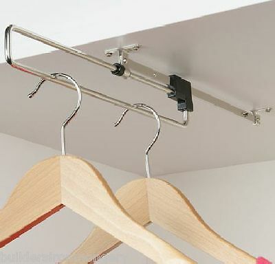 1 X PULL OUT STORAGE RAIL. Nickel-plated steel with plastic runner. IN YOUR CHOSEN SIZE FROM THE ABOVE DROP DOWN BAR. 310mm Retracted Length - 281mm Hole Centres - 6kg Load Capacity. 360mm Retracted Length - 331mm Hole Centres - 5kg Load Capacity. Cloakroom Ideas, Eaves Storage, Hanging Clothes Rail, Airing Cupboard, Wardrobe Rail, Clothing Closet, Knee Wall, Clothes Hanging, Wardrobe Clothes