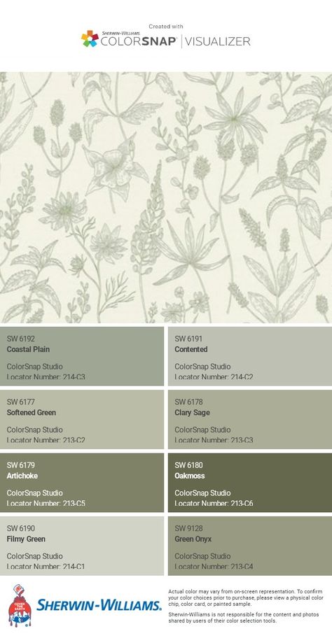 I just created this color palette with the Sherwin-Williams ColorSnap® Visualizer app on my Android phone. What do you think? You can learn more about ColorSnap Visualizer and get it on your phone free by visiting https://www.sherwin-williams.com/content/colorsnap.html. Exterior House Color Sherwin Williams, Sage Green Color Palette Sherwin Williams, Olive Green Nursery Paint Colors, Olive Paint Color Sherwin Williams, Best Light Green Paint Colors Sherwin Williams, Best Color Schemes For Bedroom, Woody Rosemary Sherwin Williams Paint, Sherwin Williams Muted Green, Sherwin Williams Neutral Green Colors