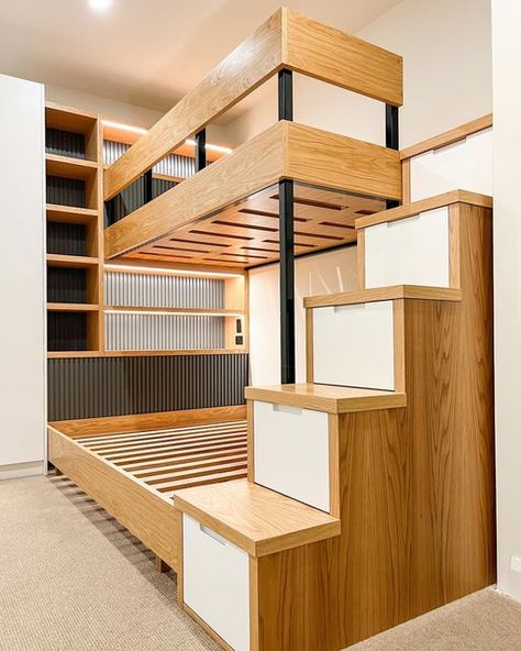 Interspec on Instagram: "Our bunk bed project has sadly come to an end. Here we have created two sets of identical units for the client's four children. Designed in-house, our brief was to incorporate functional storage, but also use similar materials and finishes that tie into the exisiting home. All parties couldn't be more ecstatic about the final result! Finished in @duluxaus Vivid White and Western Myall polyurethane, American Oak Veneer and black powder coated steel frames. Hardware: @blu Bedroom Double Deck Ideas, Double Deck Bed Ideas, Double Deck Bed Design, Double Deck Bed, Bed Project, Kids Bedroom Furniture Design, Bunk Bed With Storage, Bed Stairs, Double Bed Designs