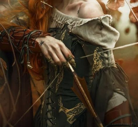 Female Archer Aesthetic, Person With Bow And Arrow, Fairy Bow And Arrow, Fairy Archer, Archer Aesthetic, Red Hair Elf, Celtic Aesthetic, Meg Thomas, Woman Archer