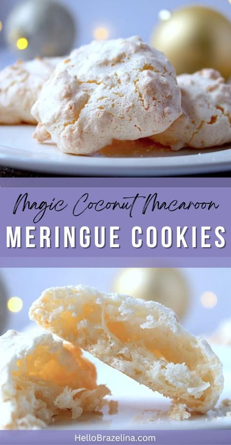 Light, crisp, airy meringue cookies with a coconut filled marshmallowy center. Merguine Recipe, Merguine Cookies Recipe, French Meringue Cookies, Coconut Meringue Cookies, Meringue Nests Recipe, Holiday Meringue Cookies, Christmas Coconut Cookies, Lemon Meringue Cookies Recipes, Mirangue Cookie