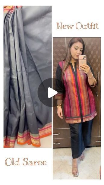 MUKTI BATRA on Instagram: "Old saree turned into a beautiful new outfit 😍 

If draping a saree creates a mess for you then you should definitely try this style 

So many other styles can be customised 

Save it & Share it without your friends 

Follow us for more such videos 💝 

#fashion #style #newoutfit #saree #oldsaree #newdesign #silksaree #indowestern #reuse #fashionstyle #fashionblogger #designer #fashionideas 

(Saree, new designs, fashion, style, customisation, new ideas, fashionable, designer)" Suits Made Out Of Old Sarees, Indian Dress Made Out Of Saree, Indowestern Outfits From Old Saree, Saree Turned Into Dress, Saree Dress Design Ideas Jacket, Saree To Dress Ideas, Saree Into Kurti Designs, Suit From Saree Ideas, Dresses From Saree Ideas