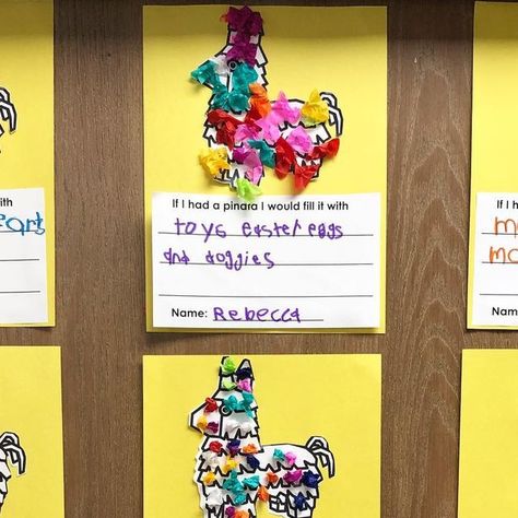 Stacy Harmon on Instagram: "Getting into the Cinco de Mayo spirit with a piñata art and writing project. 🇲🇽 🪅 Loved their answers. Who wouldn’t want a piñata full of Chex-mix and love ❤️ . . #prek #prekclassroom #iteachprek #preschool #preschoolclassroom #iteachpreschool #prekactivities #preschoolactivities #teachersfollowteachers #teachersofinstagram #cincodemayo #cincodemayoart" Prek Cinco De Mayo, Preschool Hispanic Heritage Month Art, Hispanic Heritage Month Bulletin Board Kindergarten Prek, Cinco De Mayo School Ideas, 5 De Mayo Preschool Ideas, Cinco De Mayo Prek Activities, Cinco De Mayo Arts And Crafts Preschool, Mexico Theme Preschool, Cinco De Mayo Arts And Crafts