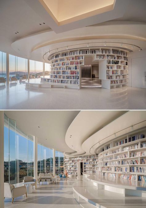 Library Aesthetic Interior Design, Modern House Library, Zen Library, Modern Library Architecture, Library Shelves Design, At Home Library Ideas, Library Modern Design, Modern Library Design, Round Library